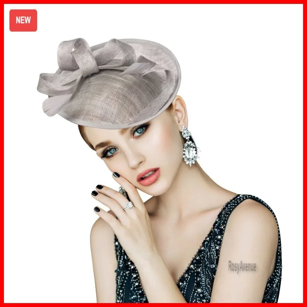 Handmade Linen Derby Fascinator Hat with Bow Feather Clip for Women